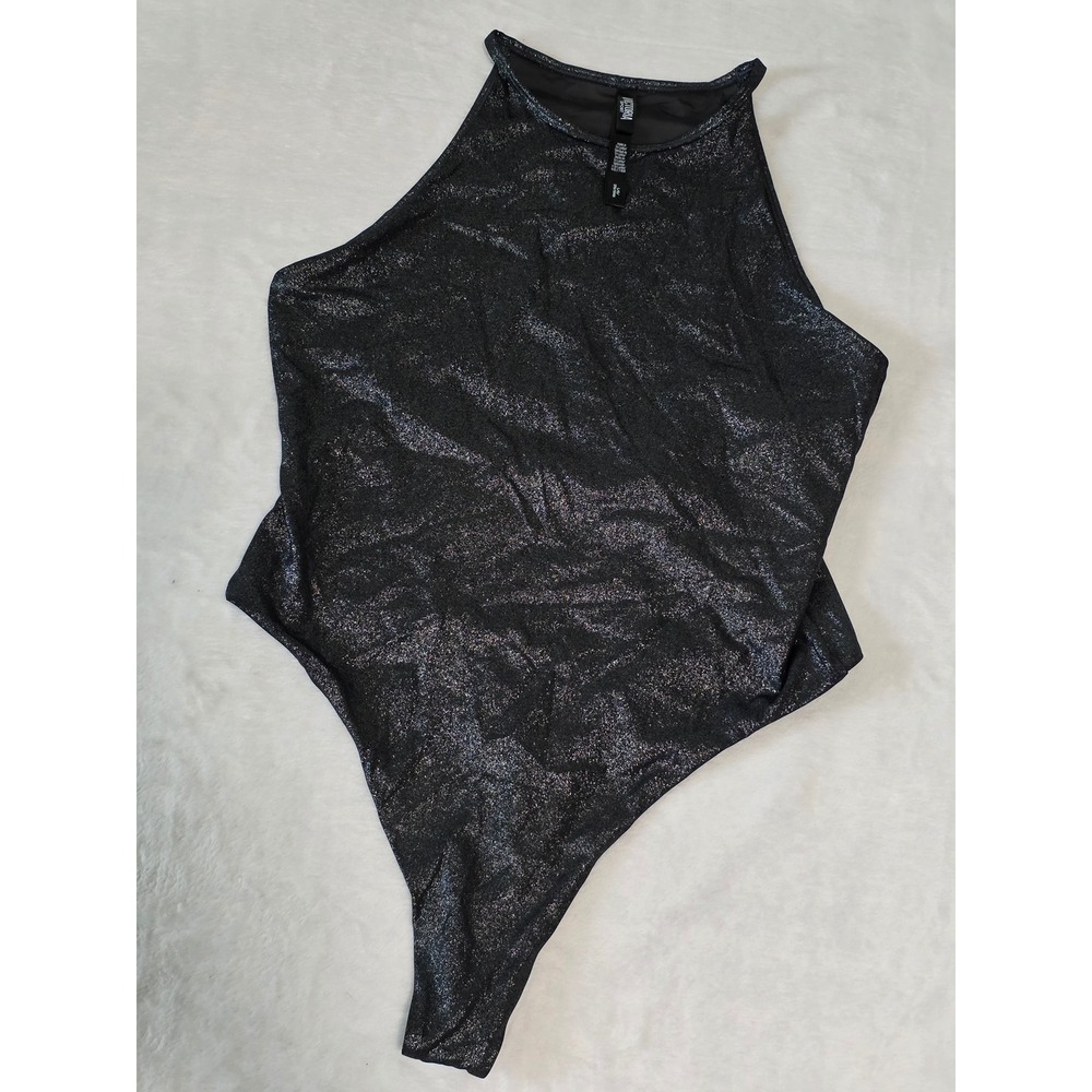 Victoria Sport Metallic Shimmer Halter Bodysuit Black Silver Large L Mesh Back